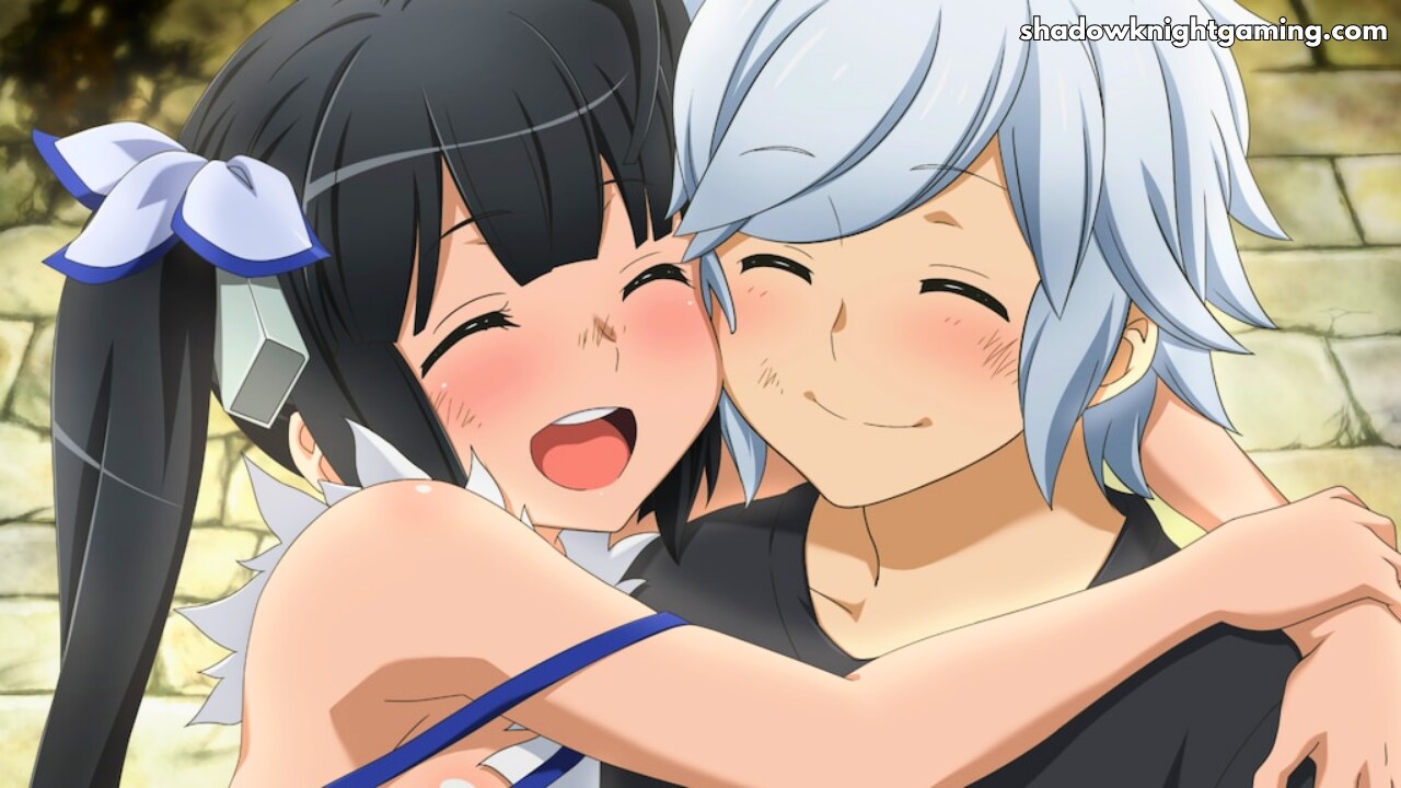 Danmachi Hestia and Bell hugging each other happily