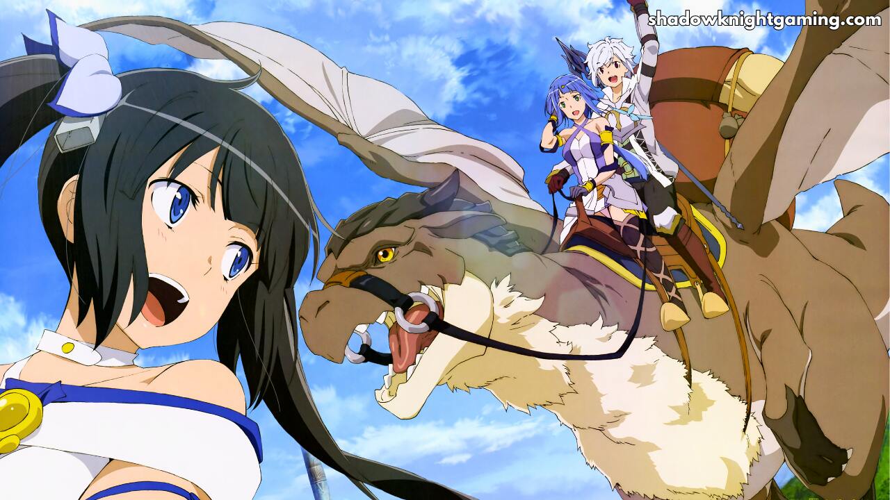 Danmachi Bell Cranel with Wiene riding a dragon with Hestia standing in the front